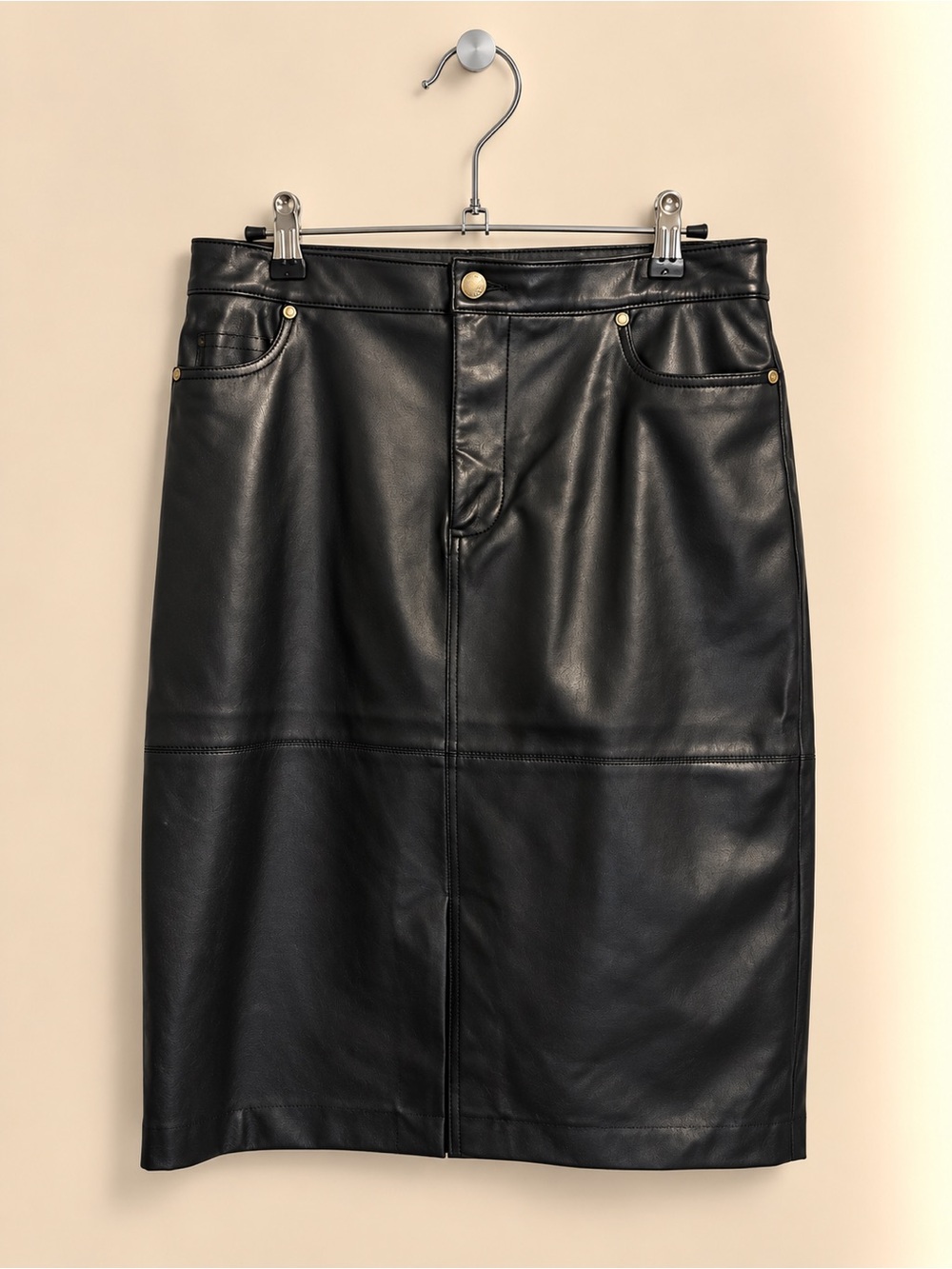 Talbots Black Faux Leather Pencil Skirt with Gold Hardware